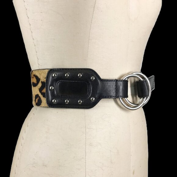 Michael Kors Belt Black Leather Leopard print fur Studded wide cinch belt - Picture 1 of 7